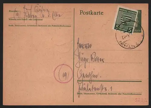B12986 SBZ Brief Provinz Sachsen 1945 68 EF Genthin Überklebung Hitler Ganzsache