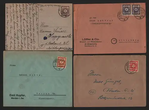 B12983 SBZ 4x Brief, Postkarte Ostsachsen 1945 1946 Dresden Chemnitz Werdau