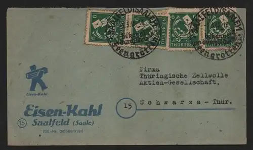 B12980 SBZ Brief Thüringen 1946 4x 95 Saalfeld  Eisen Kahl nach Schwarza