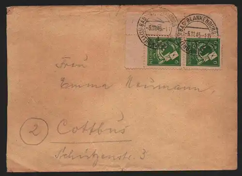 B12979 SBZ Brief Thüringen 1945 2x 95 Eckrand bad Blankenburg nach Cottbus