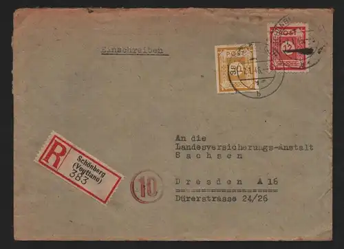 B12977 SBZ Brief Ostsachsen 1946 Einschreiben Schönberg Vogtland nach Dresden