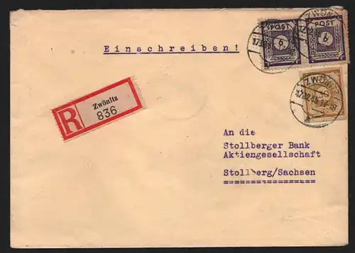 B12976 SBZ Brief Ostsachsen 1945 Einschreiben Zwönitz Stollberg i. Erzgeb.