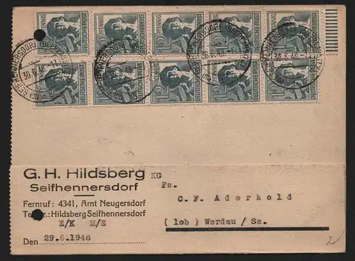 B12955 SBZ Postkarte Währungsreform Zehnfachfrankatur 1948 Seifhennersdorf 30.6.