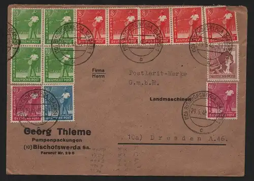 B12940 SBZ Brief Währungsreform Zehnfachfrankatur 1948 Bischofswerda 29.6.48