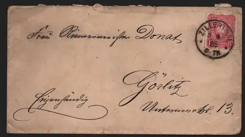 B12924 DR Deutsches Reich Brief Zillerthal 1885 nach Görlitz