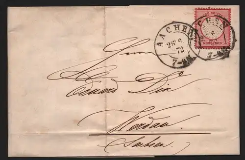 B12919 DR 4 kleines Schild Deutsches Reich Brief Aachen 1872 n Werdau mit Inhalt