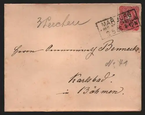 B12916 DR Deutsches Reich Brief Marburg Geg. Bez. Cassel 1888 nach Karlsbad in B