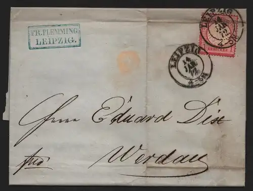B12912 DR 4 kleines Schild Deutsches Reich Brief Leipzig 14.1.1872 nach Werdau