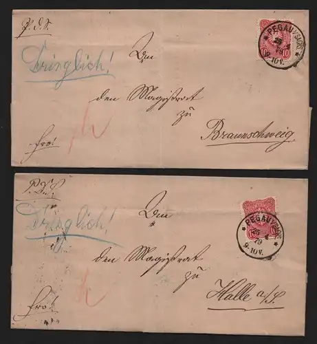 B12910 DR Deutsches Reich 2x Brief Pegau 1879 nach Halle Saale Braunschweig mit