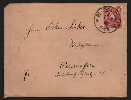 B12906 DR Deutsches Reich Brief Plauen Vogtl. 1888 nach Weissenfels