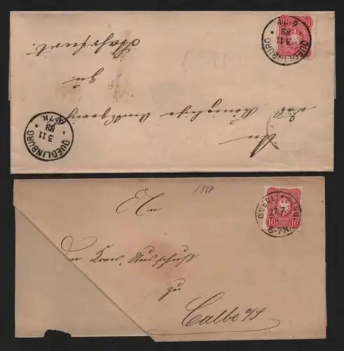 B12881 DR Deutsches Reich 2x Faltbrief ohne Inhalt Quedlinburg 1883 n. Stassfurt