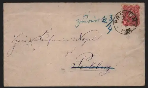 B12880 DR Deutsches Reich Brief Prettin 1888 nach Perleberg und zurück Polizei
