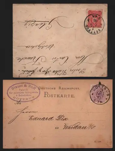 B12878 DR Deutsches Reich Brief, Postkarte Cottbus 1881 1888 nach Werdau Leipzig