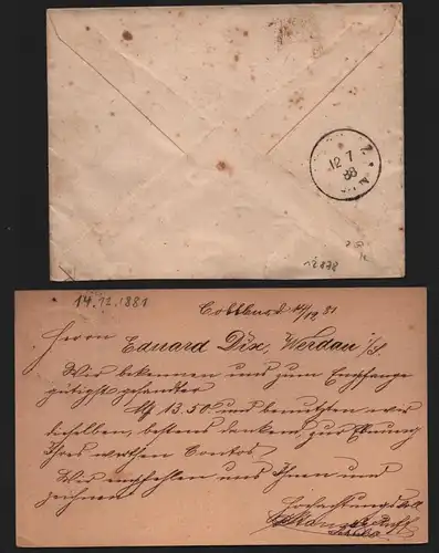B12878 DR Deutsches Reich Brief, Postkarte Cottbus 1881 1888 nach Werdau Leipzig
