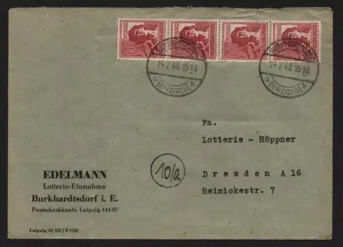 B12864 SBZ Brief Währungsreform Zehnfachfrankatur 1948 956a MEF Burkhardtsdorf