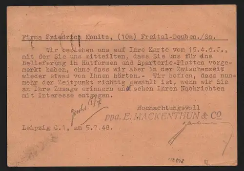 B12848 SBZ Postkarte Währungsreform Zehnfachfrankatur 1948 Leipzig 3x 40 Pfg.