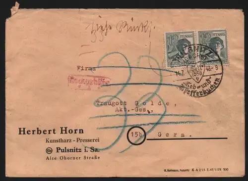 B12822 SBZ Brief Währungsreform Zehnfachfrankatur 1948 Pulsnitz 14.7. nach Gera
