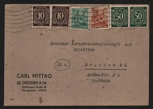 B12814 SBZ Brief Währungsreform Zehnfachfrankatur 1948 Dresden A 24 Ortsbrief
