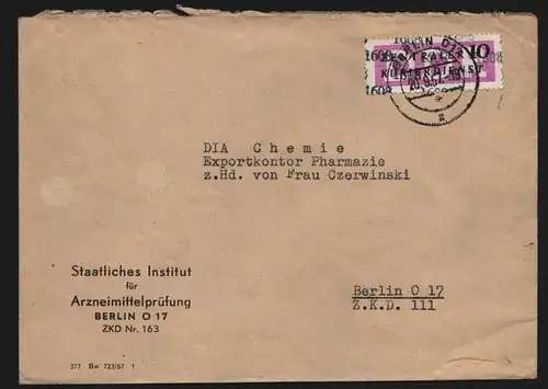 B13449 DDR Dienst ZKD 14 1608 Brief 1957 Berlin Institut für Arzneimittelprüfung