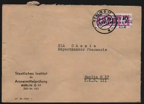 B13446 DDR ZKD 2x 15 1607 Brief 1957 Berlin Institut für Arzneimittelprüfung