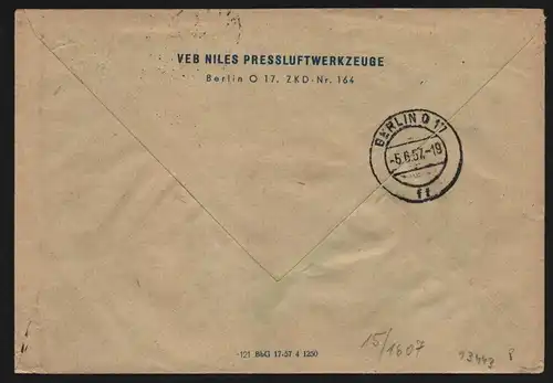B13443 DDR ZKD 15 1607 Brief 1957 VEB Niles Pressluftwerkzeuge Berlin ZKD 164