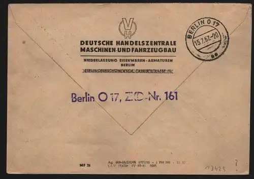 B13429 DDR Dienst ZKD 14 1605 Brief 1957 Berlin DHZ Maschinen- und Fahrzeugbau