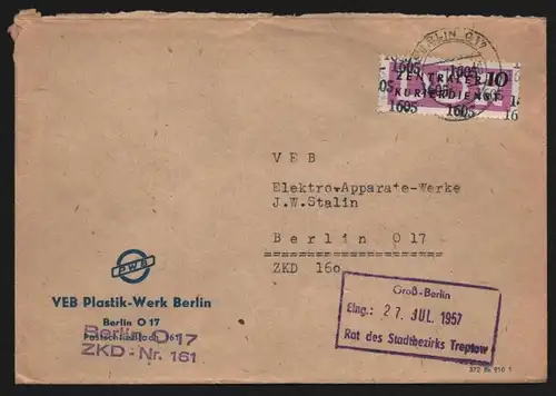 B13426 DDR Dienst ZKD 14 1605 Brief 1957 Berlin VEB Plastik Werk ZKD Nr. 161