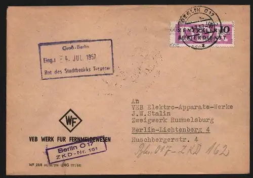 B13420 DDR Dienst ZKD 14 1605 Brief 1957 Berlin VEB Werk für Fernmeldewesen