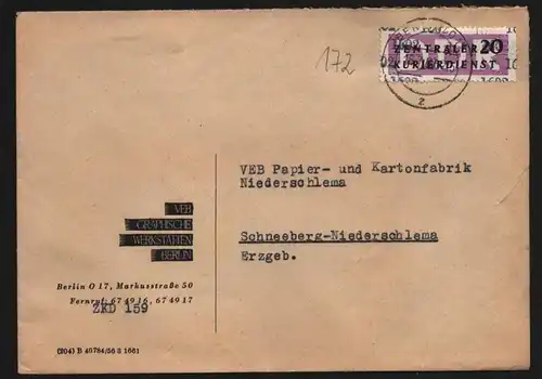 B13411 DDR Dienst ZKD 11 1602 Brief 1957 VEB Graphische Werkstätten Berlin 159