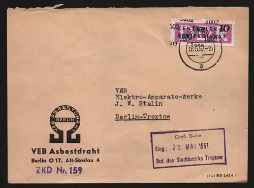 B13404 DDR Dienst ZKD 14 1602 Brief 1957 Berlin VEB Asbestdraht ZKD Nr. 159