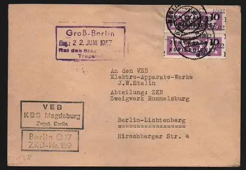 B13402 DDR Dienst ZKD 2x 14 1602 Brief 1957 Berlin VEB KBS Magdeburg Zwg. Berlin