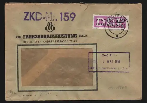 B13390 DDR Dienst ZKD 15 1602 Brief 1957 Berlin VEB Fahrzeugausrüstung ZKD  159