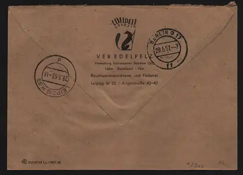 B13306 DDR Dienst ZKD 11 1400 Brief 1957 VEB Edelpelz Leipzig nach Berlin