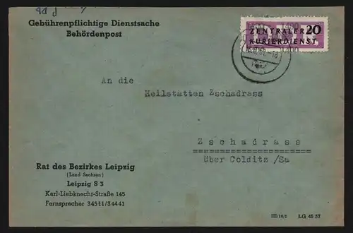 B13298 DDR Dienst ZKD 11 1400 Brief 1957 Rat des Bezirkes Leipzig n. Zschadrass