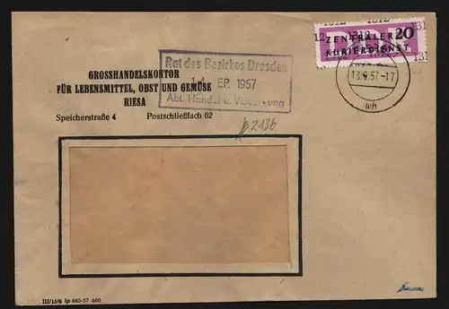B13288 DDR Dienst ZKD 15 1312 Brief 1957 Riesa GHK Lebensmittel nach Dresden