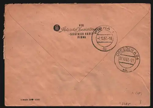 B13285 DDR Dienst ZKD 15 1311 Brief 1957 Pirna VEB Sächsisches Kunstseidenwerk