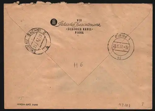 B13283 DDR Dienst ZKD 15 1311 Brief 1957 Pirna VEB Sächsisches Kunstseidenwerk