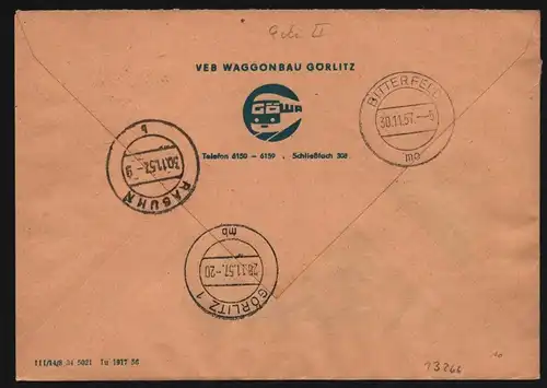 B13266 DDR Dienst ZKD 15 1305 Brief 1957 Görlitz VEB Waggonbau nach Biterfeld Ra