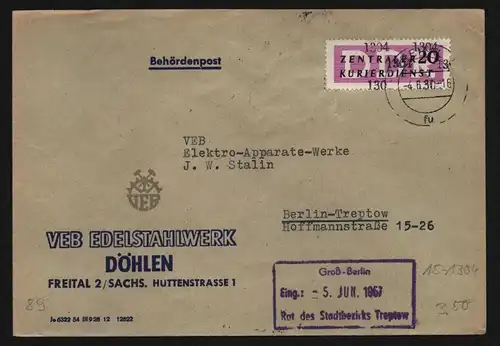 B13261 DDR Dienst ZKD 15 1304 Brief 1957 VEB Edelstahlwerk Döhlen Freital nach