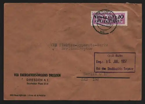B13251 DDR Dienst ZKD 15 1300 Brief 1957 VEB Energieversorgung Dresden n. Berlin