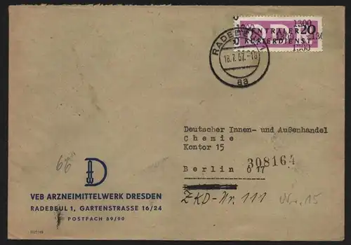 B13240 DDR Dienst ZKD 15 1300 Brief VEB Arzneimittelwerk Dresden Radebeul 1957