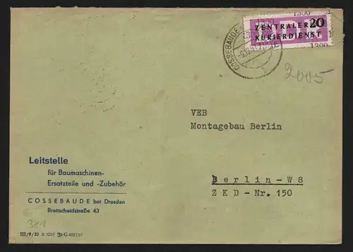 B13231 DDR Dienst ZKD 15 1300 Brief 1957 Leitstelle für Baumaschinen Cossebaude