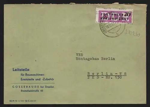 B13229 DDR Dienst ZKD 15 1300 Brief 1957 Leitstelle für Baumaschinen Cossebaude