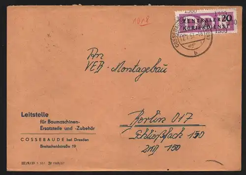 B13228 DDR Dienst ZKD 15 1300 Brief 1957 Leitstelle für Baumaschinen Cossebaude