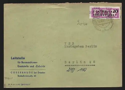 B13226 DDR Dienst ZKD 15 1300 Brief 1957 Leitstelle für Baumaschinen Cossebaude