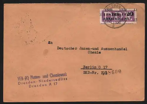 B13220 DDR Dienst ZKD Brief 11 1300 Dresden 1957 VEB Platten- und Chemiewerk