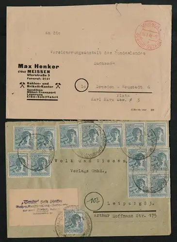 h5355 SBZ Währungsreform 1948 2x Brief Zehnfach 1.7. nach Leipzig Gebühr bezahlt