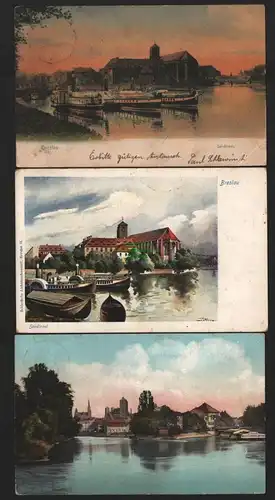 150305 3 AK Breslau 1905 Sandinsel Künstlerkarte 1908 1912