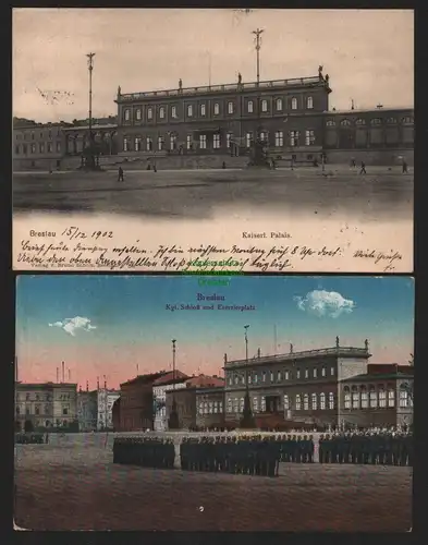 150296 2 AK Breslau 1902 Kaiserl. Palais Schloss Exerzierplatz 1917
