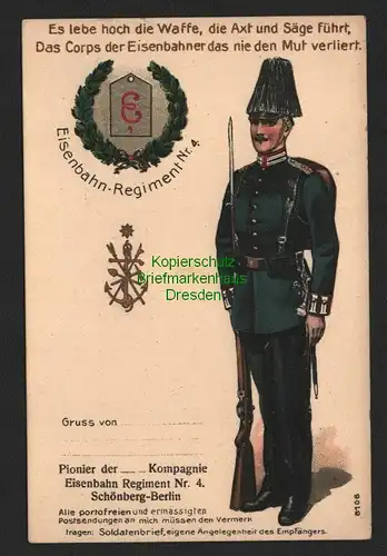 145398 AK Regimentskarte Eisenbahn Regiment Nr 4 Schönberg Berlin Soldat Uniform